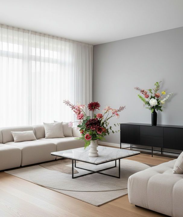 Moderne woonkamer met beige bank, marmeren salontafel, bloemen en zwart dressoir.