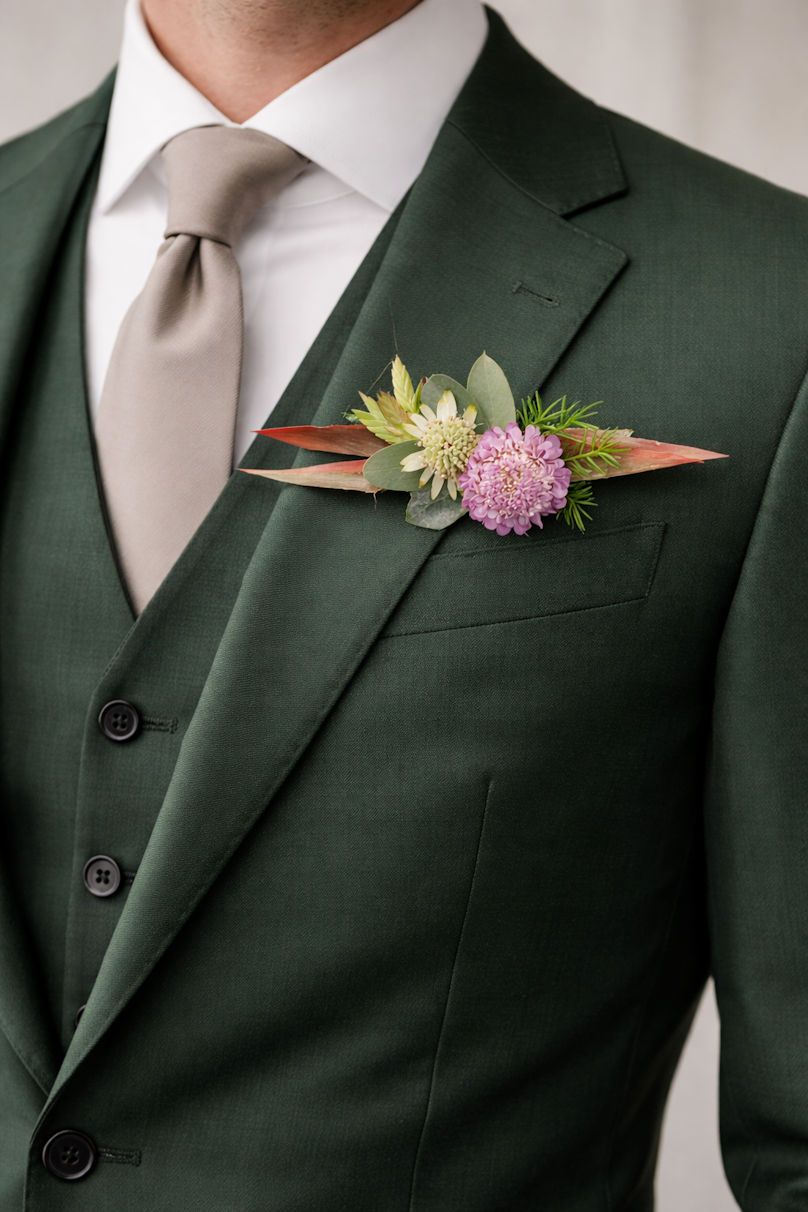 Man in een groen pak met een grijze stropdas en een bloemencorsage.