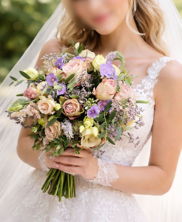 Bruid in een witte kanten jurk met een boeket roze, paarse en gele bloemen.