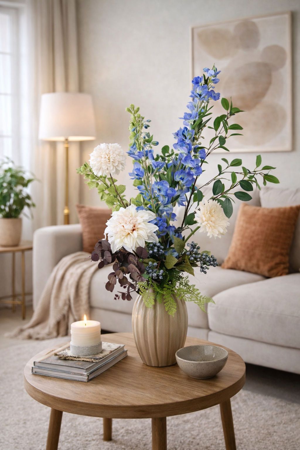 Woonkamer met een bloemstuk op een houten tafel, een bank en een brandende kaars.