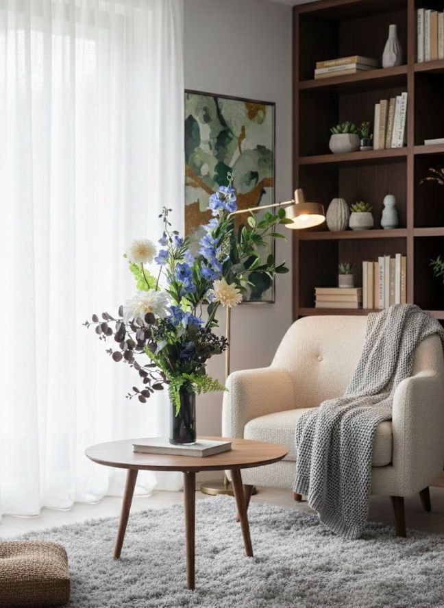 Gezellig leeshoekje: fauteuil, bijzettafel met bloemen, boekenplank en lichtgekleurd vloerkleed.