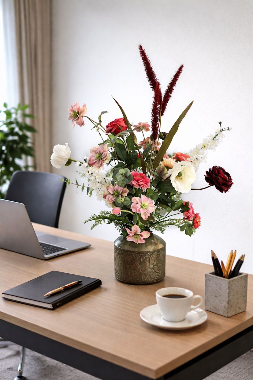 Bureau met bloemen, laptop, notitieboekje, koffie en pennenhouder.