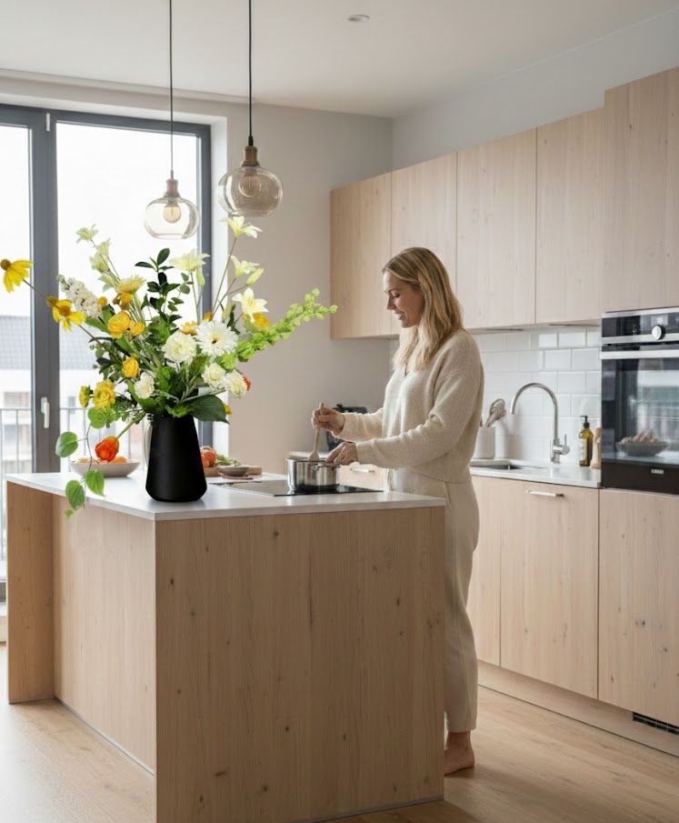 Vrouw roert in een moderne keuken met lichte houten kasten en een kookeiland.