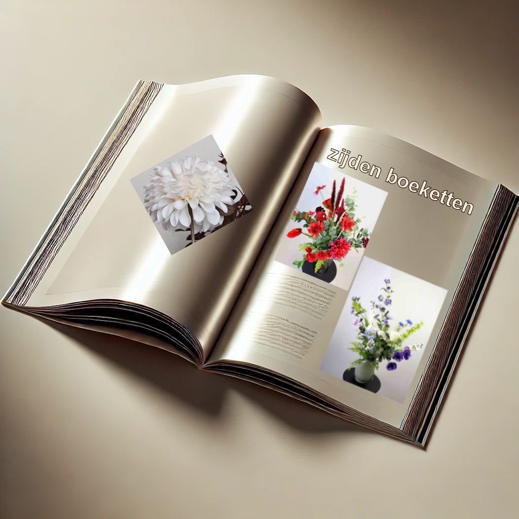 Het opengevouwen boek toont zijden bloemstukken.