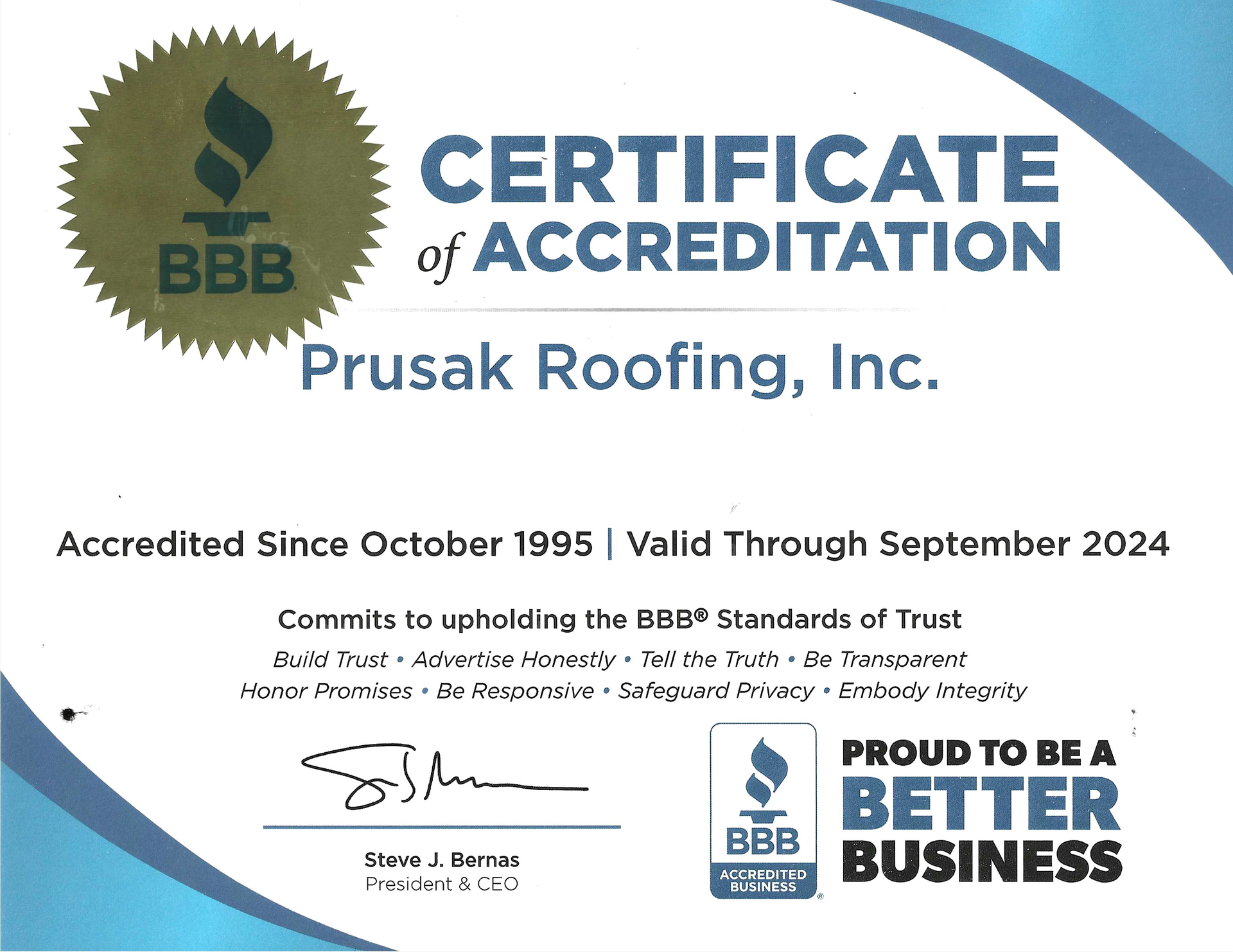 A certificate of accreditation for prusak roofing inc.