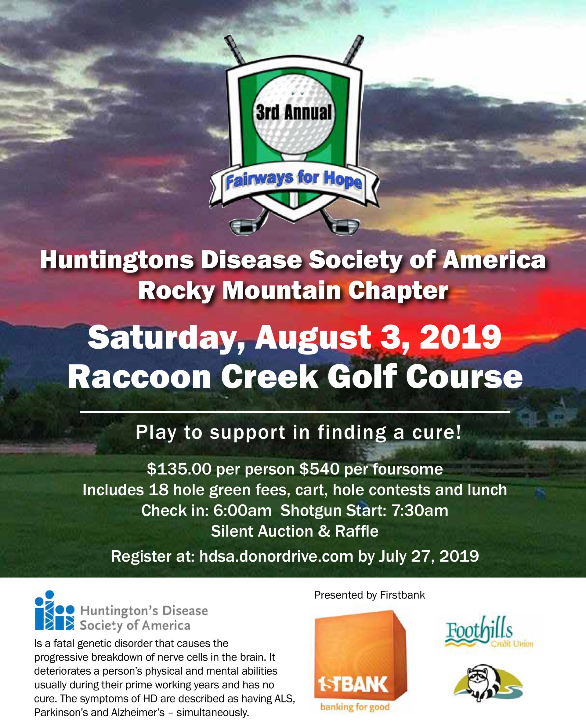 A poster for the huntington disease society of america rocky mountain chapter raccoon creek golf course.