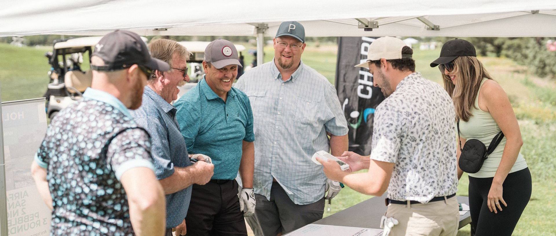 professional golf entertainer and fundraiser collecting donations.