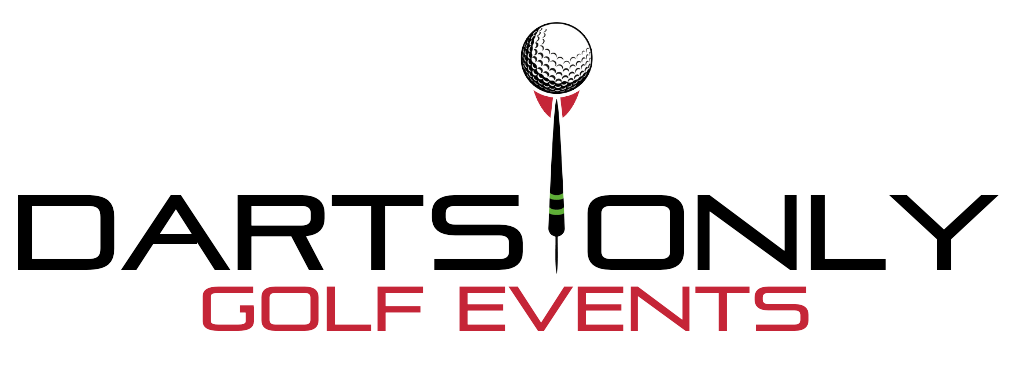 A logo for darts only golf events with a golf ball on a tee