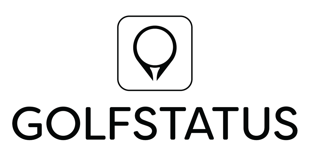 A black and white logo for golf status with a golf ball in a square.