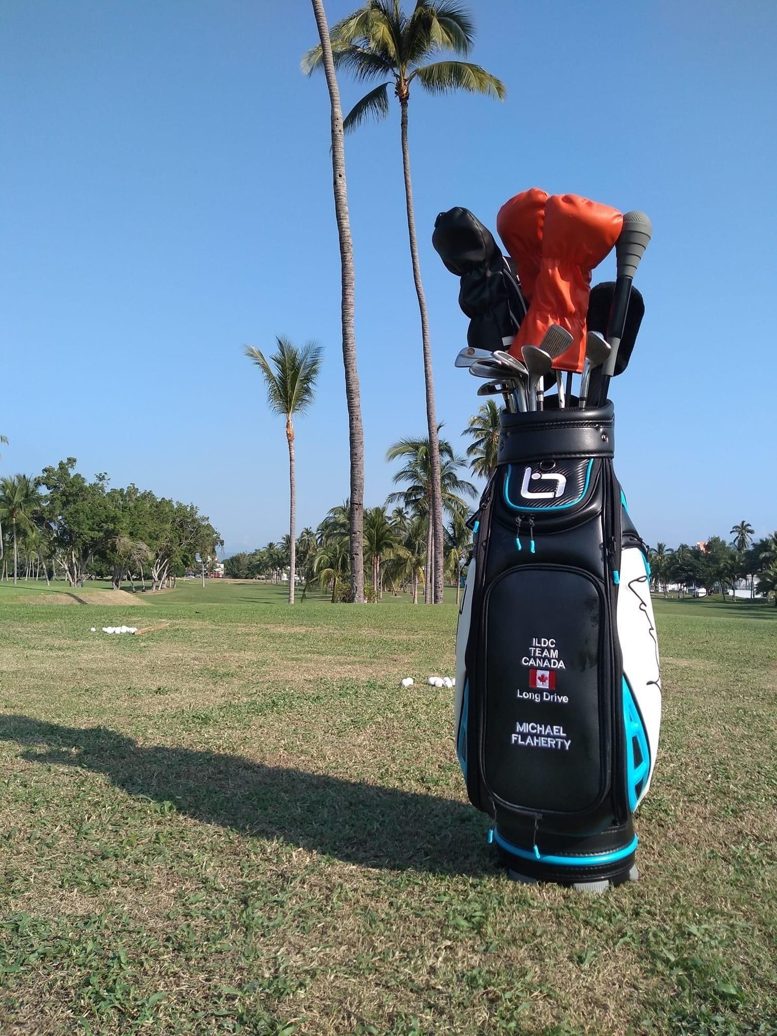 A golf bag filled with golf clubs is standing in a grassy field.