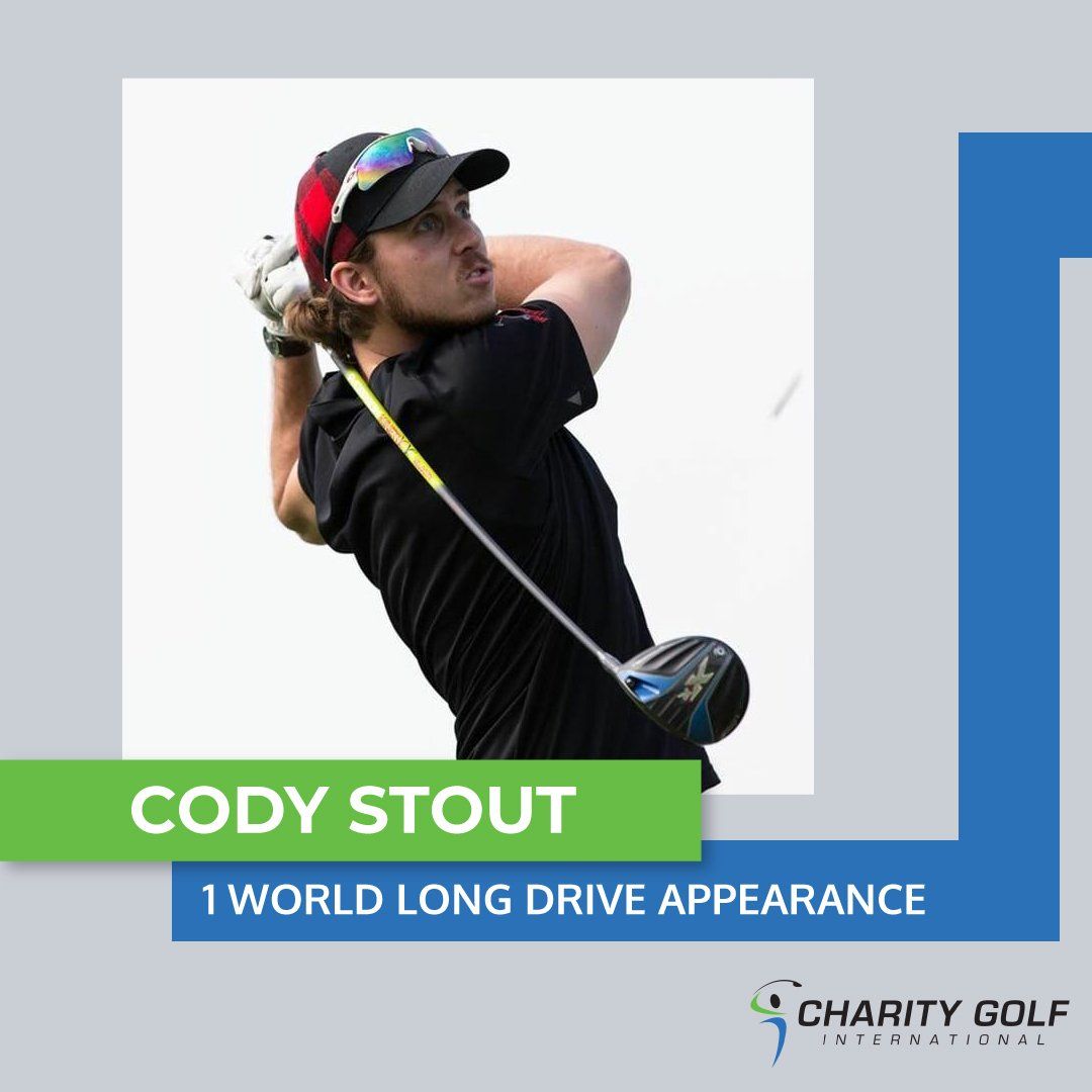 A man swinging a golf club with the name cody stout on the bottom