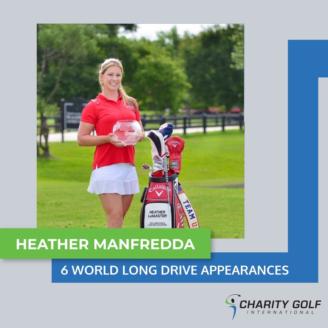 A woman in a red shirt is holding a golf ball and a golf bag