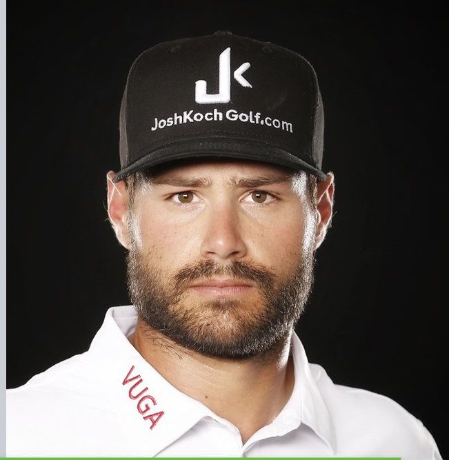 A man with a beard wearing a black hat that says joshkochgolf.com