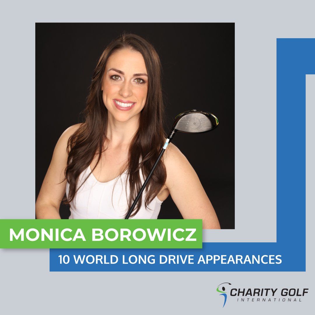 A picture of a woman holding a golf club with the words monica borowicz 10 world long drive appearances