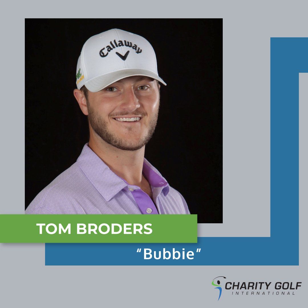 A man wearing a white hat with the name tom broders on it