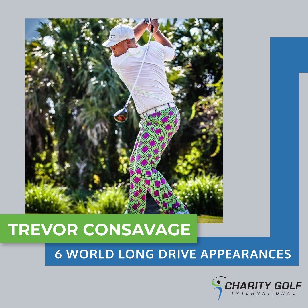 A man in a white shirt and floral pants swings a golf club on a golf course