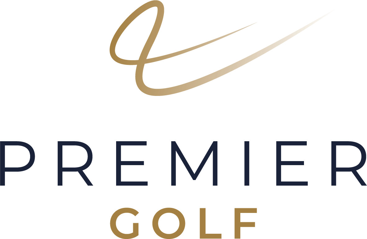 The logo for premier golf shows a golf ball flying through the air.