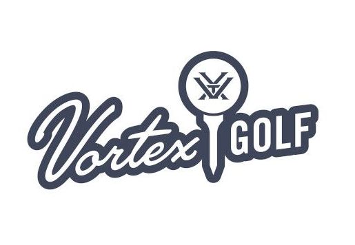 A logo for vortex golf with a golf club in the middle.