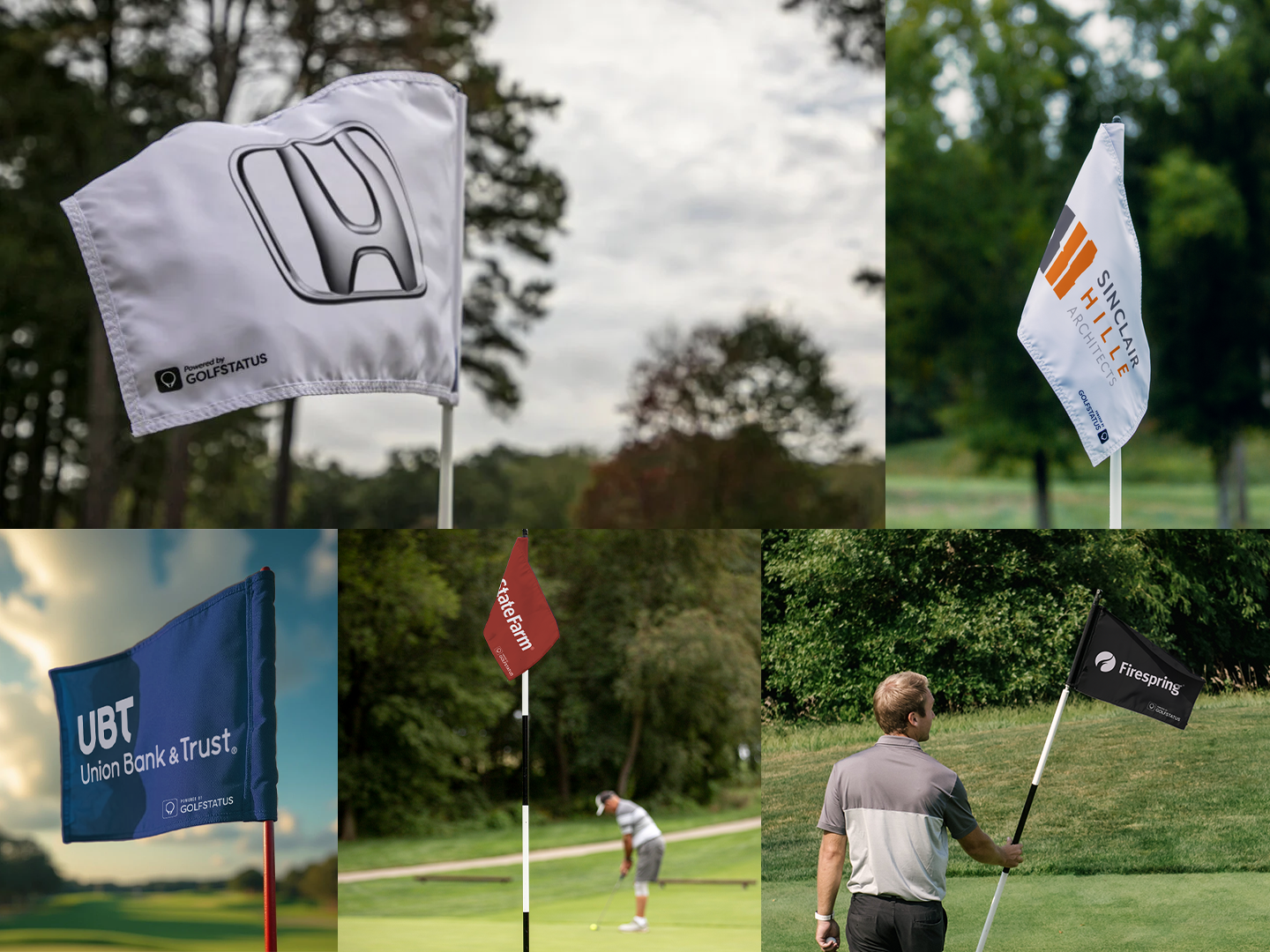 A collage of pin flags at charity golf tournaments.
