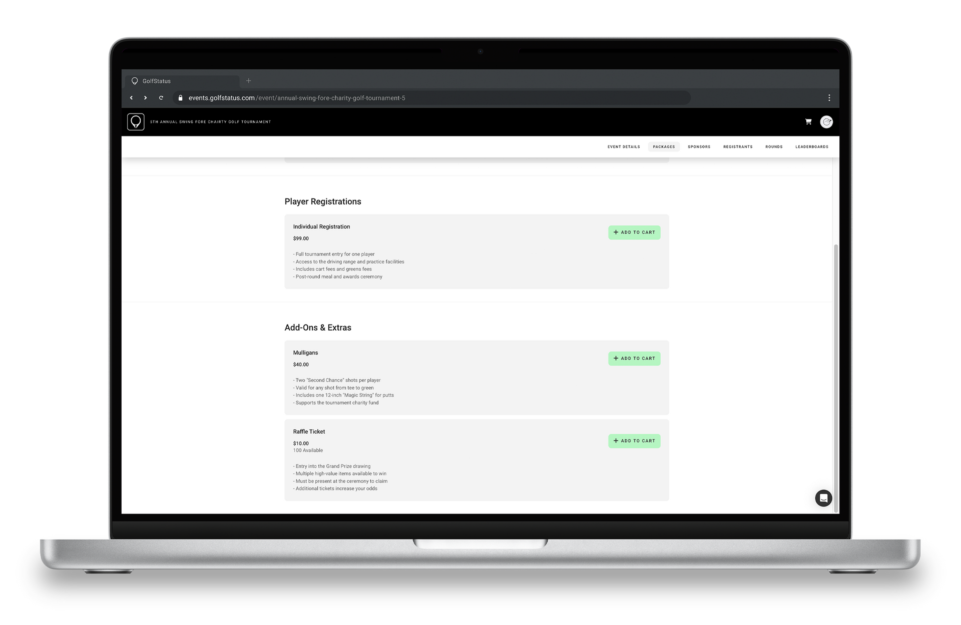 The registration screen of a charity golf tournament website is displayed on a laptop computer.