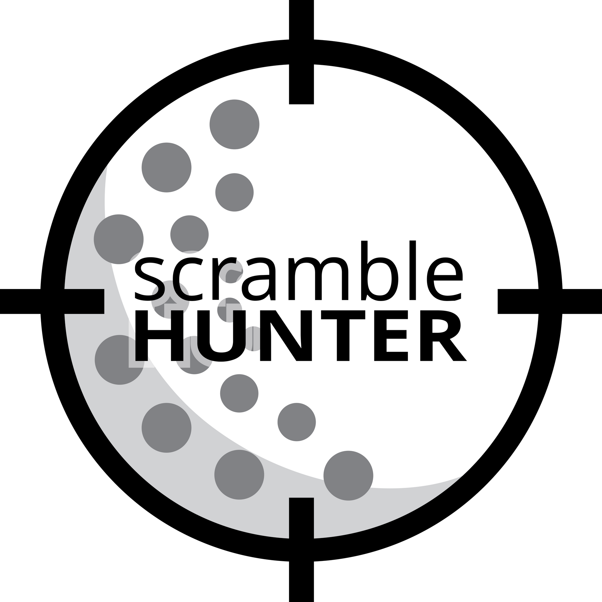 A black and white logo for scrabble hunter with a crosshair.