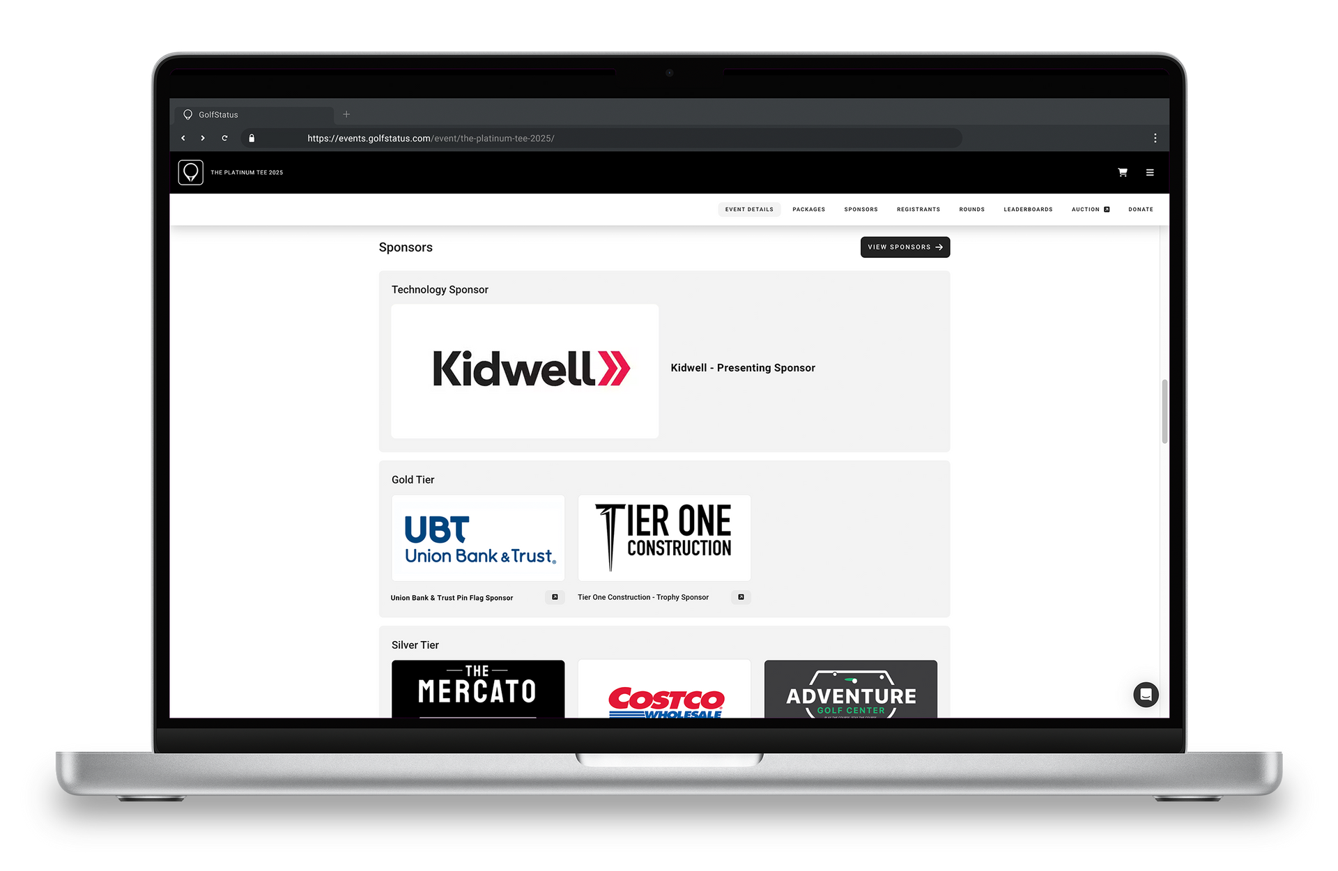 Sponsor logos appear on a charity golf tournament website.]