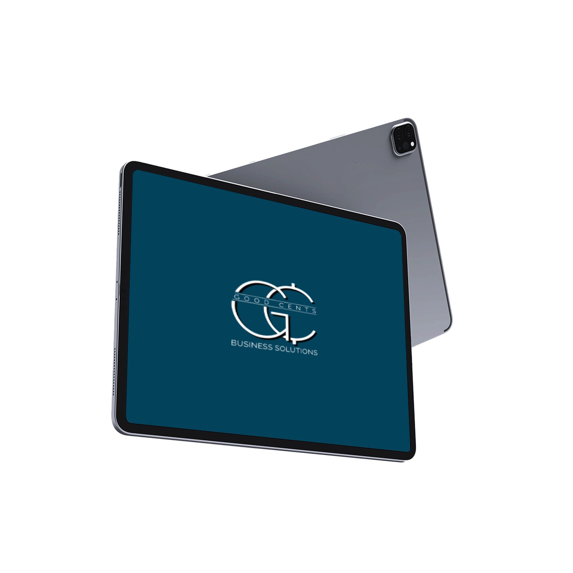 Two silver tablets with a logo displayed on the screen.