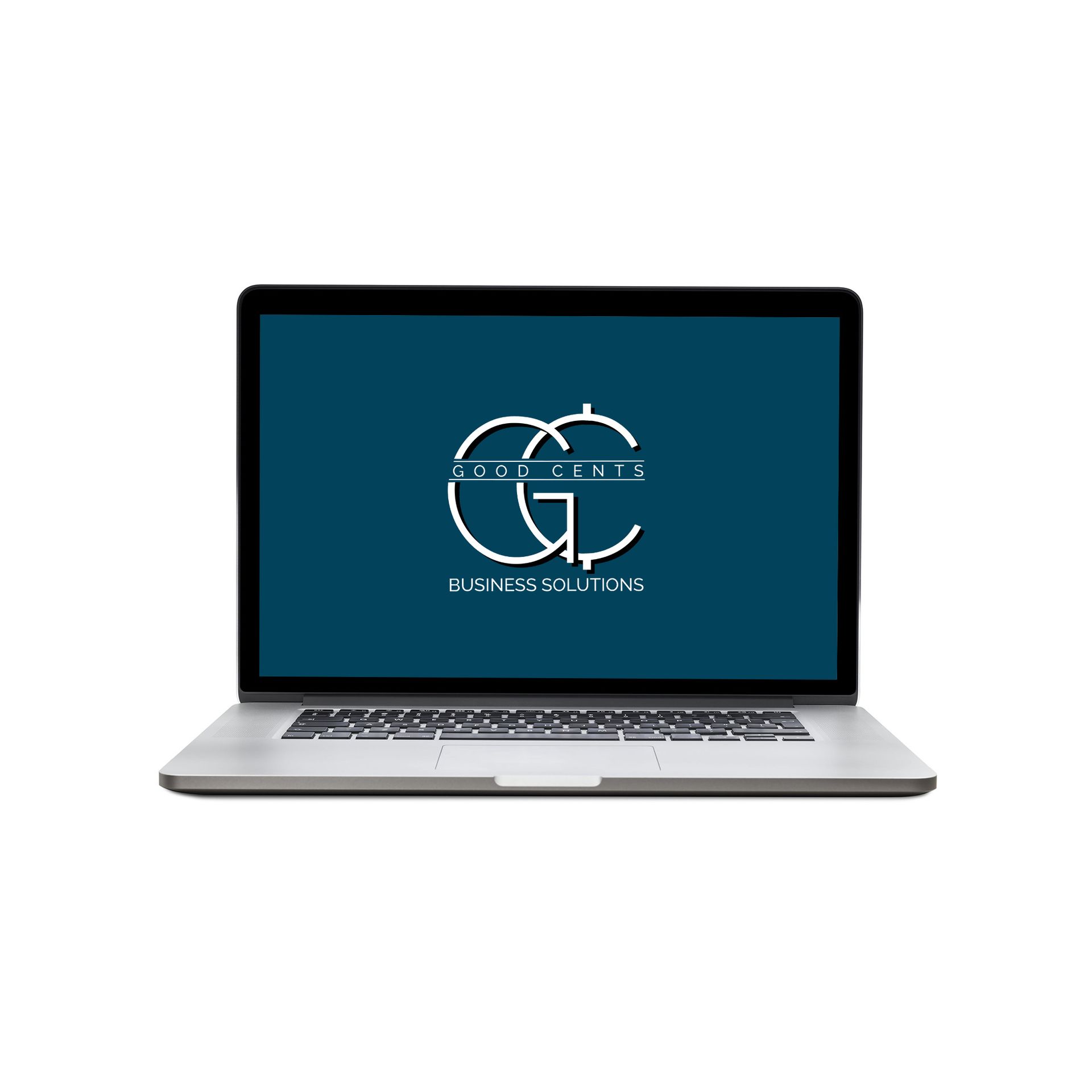 Laptop displaying the logo for Good Cents Business Solutions: white 