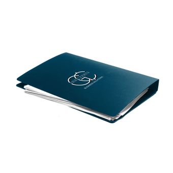 Blue binder with a logo, filled with white papers.