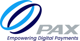 Logo of PAX, a digital payment company, featuring overlapping blue and dark blue ellipses and the text "PAX" in gray.