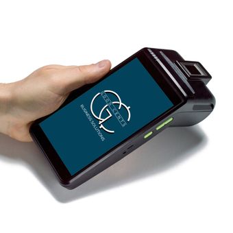 Hand holding a black device with a screen displaying a logo, featuring a fingerprint scanner on top.