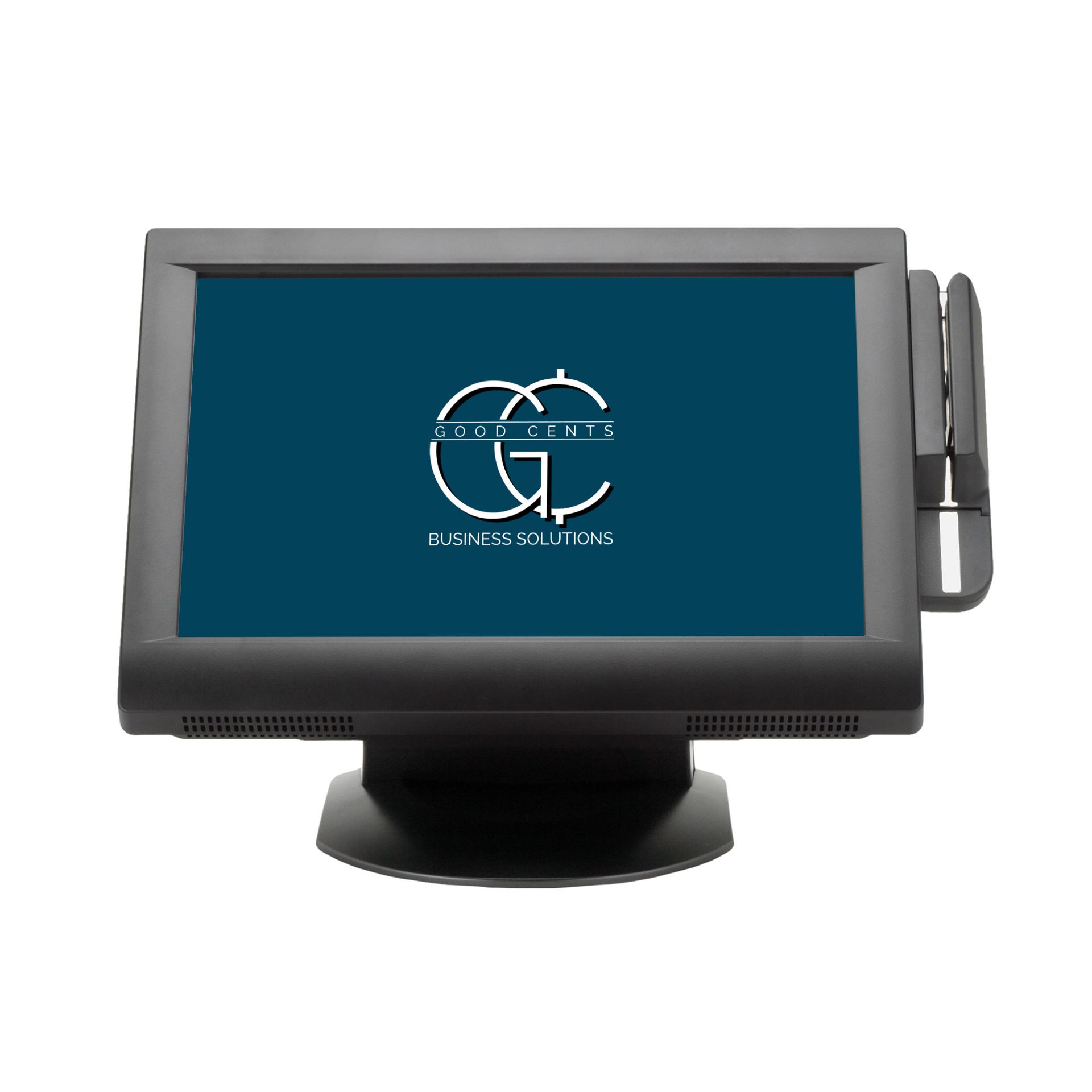 Black point-of-sale touchscreen monitor with the logo 
