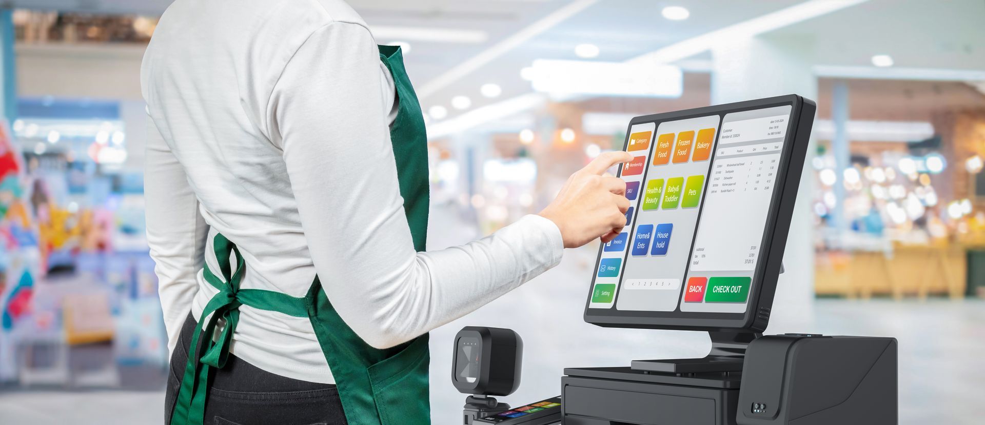 A person in a green apron uses a touch screen point of sale system at a store counter.