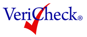 VeriCheck logo: Blue text with a red check mark through the "Che" and a registered trademark symbol.