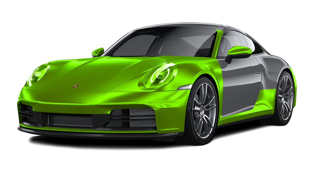 Bright green sports car with a gray rear section, shown on a white background