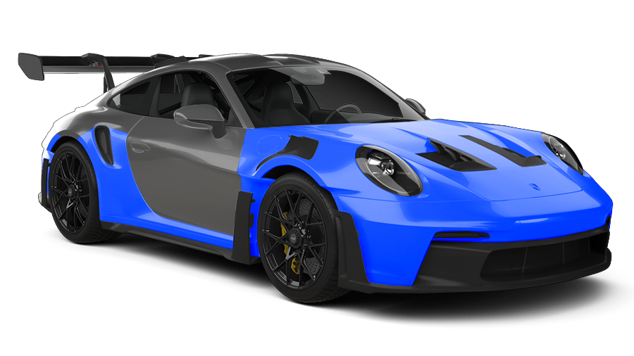 Blue and gray sports car with black wheels and a rear spoiler on a white background