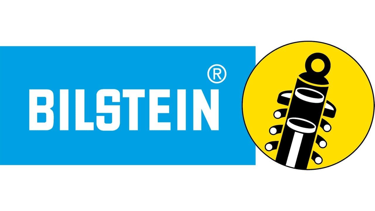 Bilstein logo with blue wordmark and yellow circle featuring a black shock absorber icon