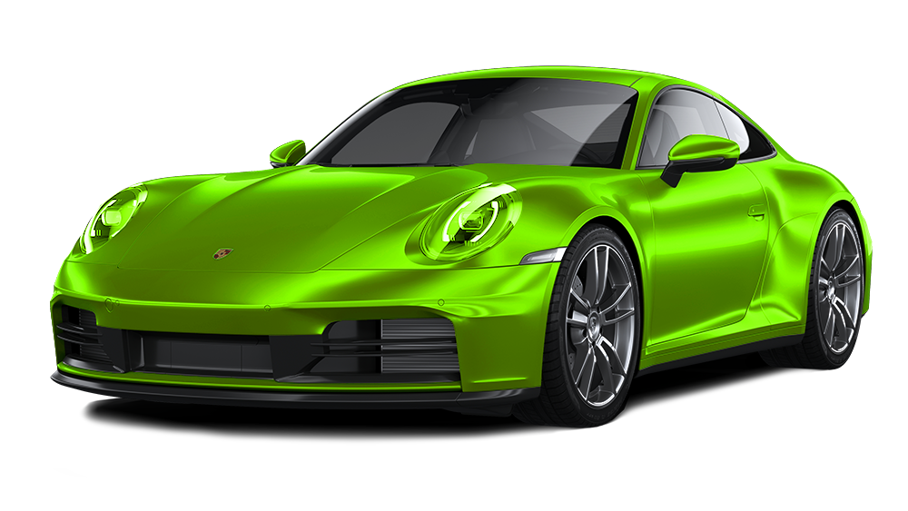 Bright green sports car in a three-quarter front view on a white background