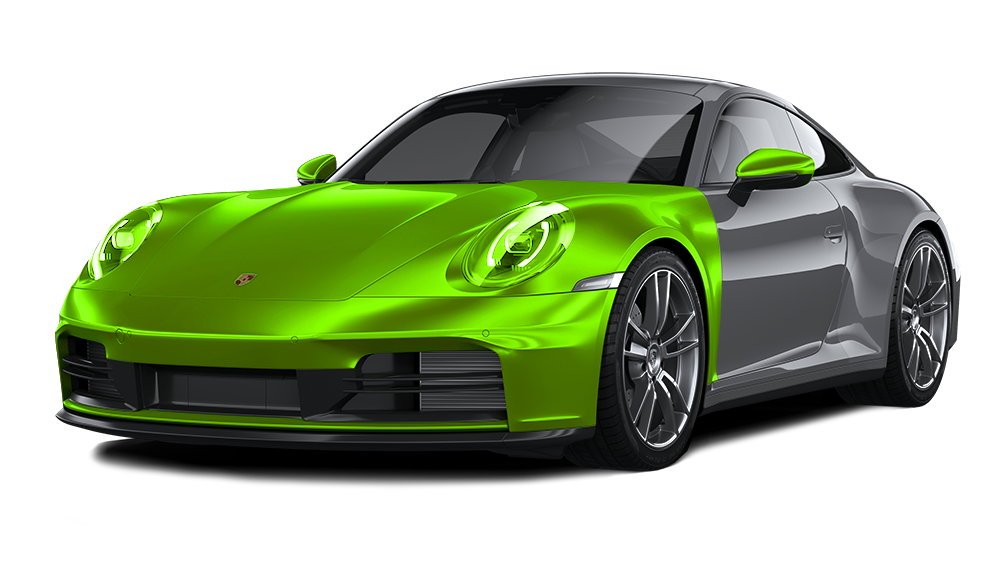 Bright green sports car with a dark gray rear, shown in side-front view on a white background