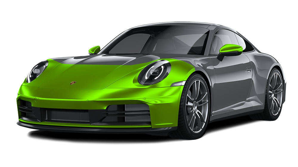 Bright green and gray sports car on a white background, front three-quarter view