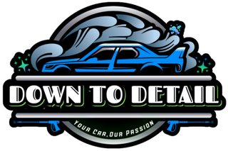 Blue car detailing logo with mountain, stars, and the text &ldquo;Down to Detail&rdquo; and &ldquo;Your car, our passion&rdquo;