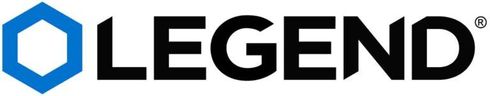 Blue hexagon logo and the word “LEGEND” in black text.