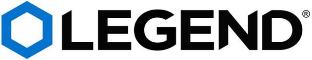 Blue hexagon logo and the word “LEGEND” in black text.