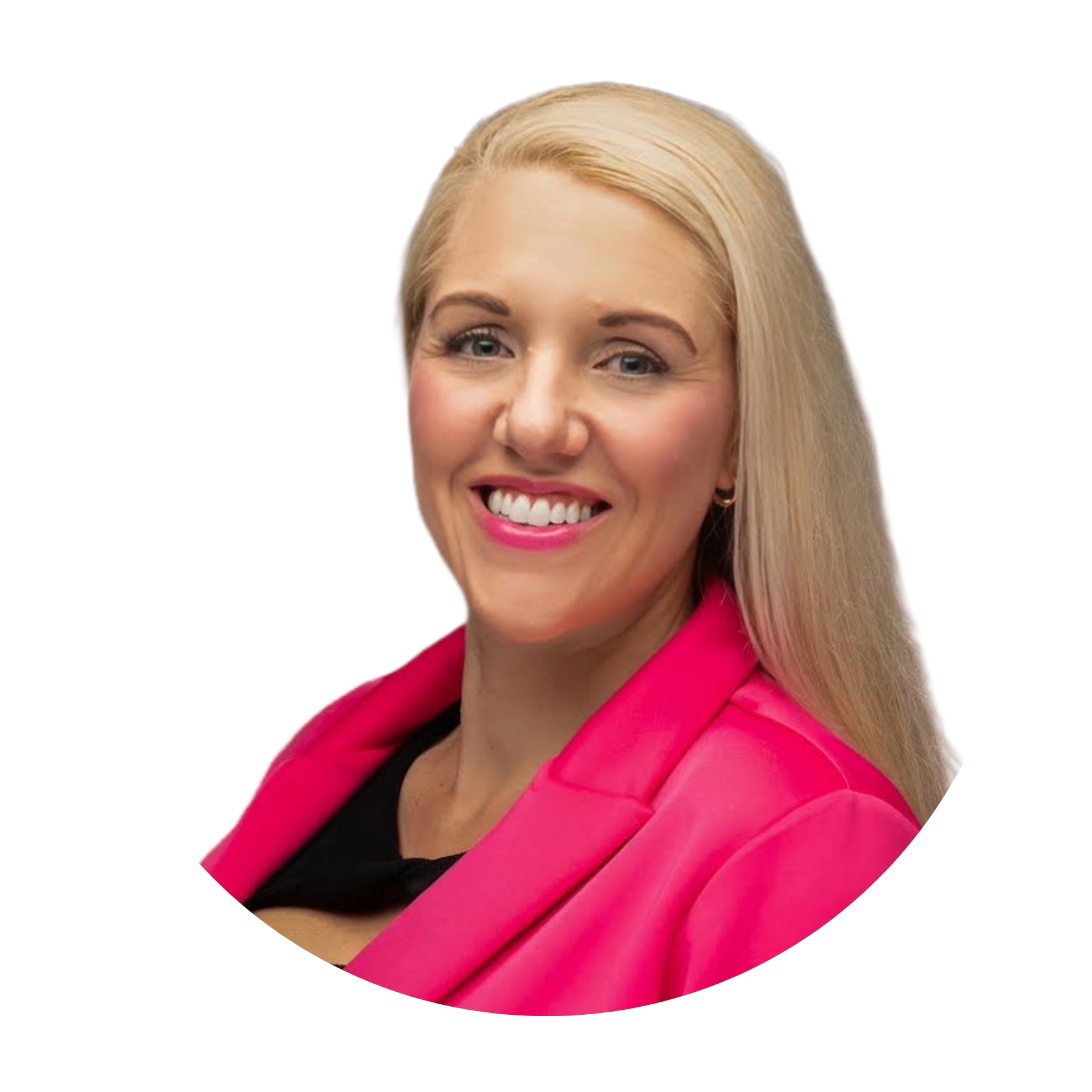 Woman with blonde hair wearing a pink blazer, smiling.