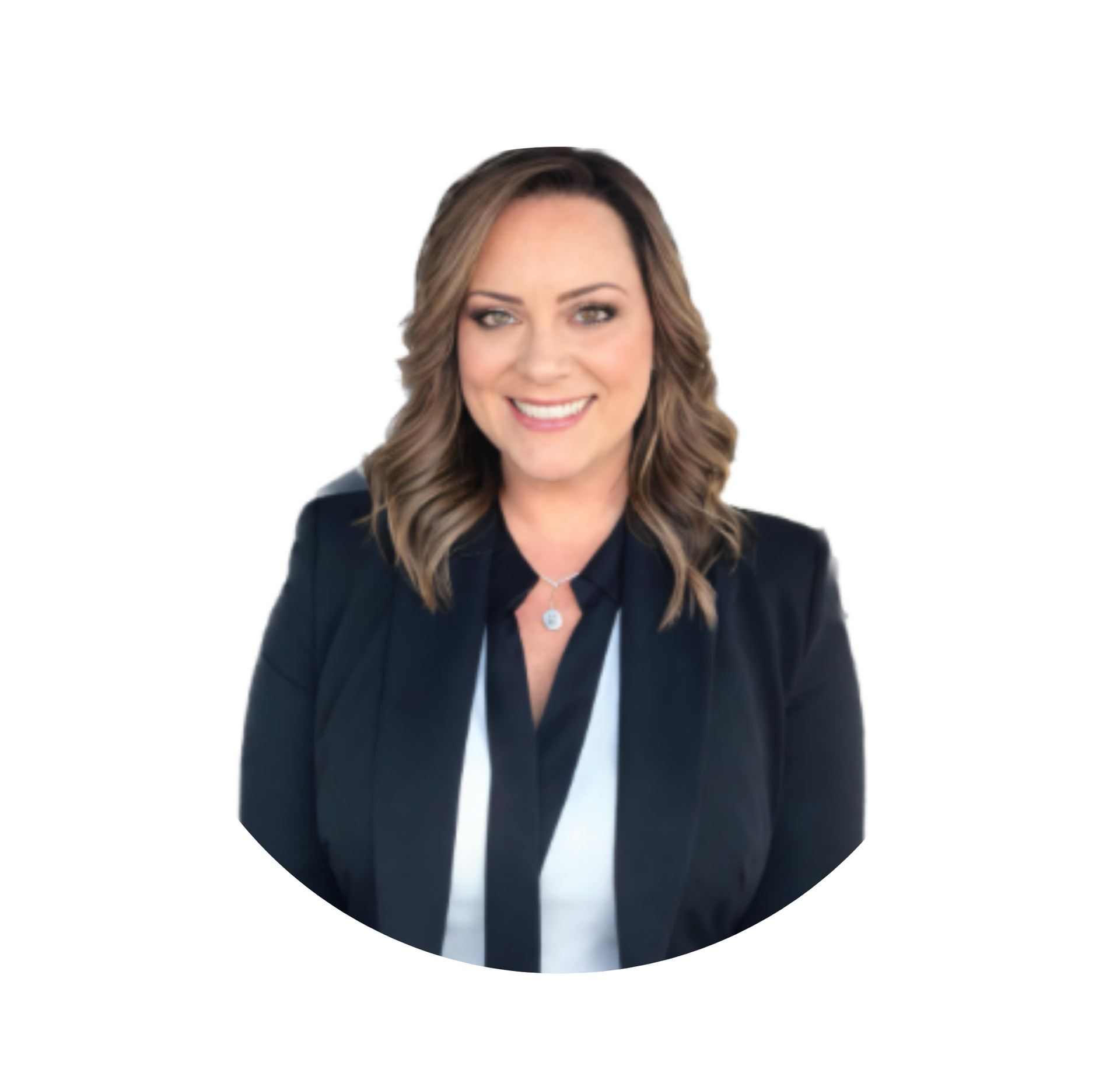 Woman in black blazer smiles, inside a white circle.