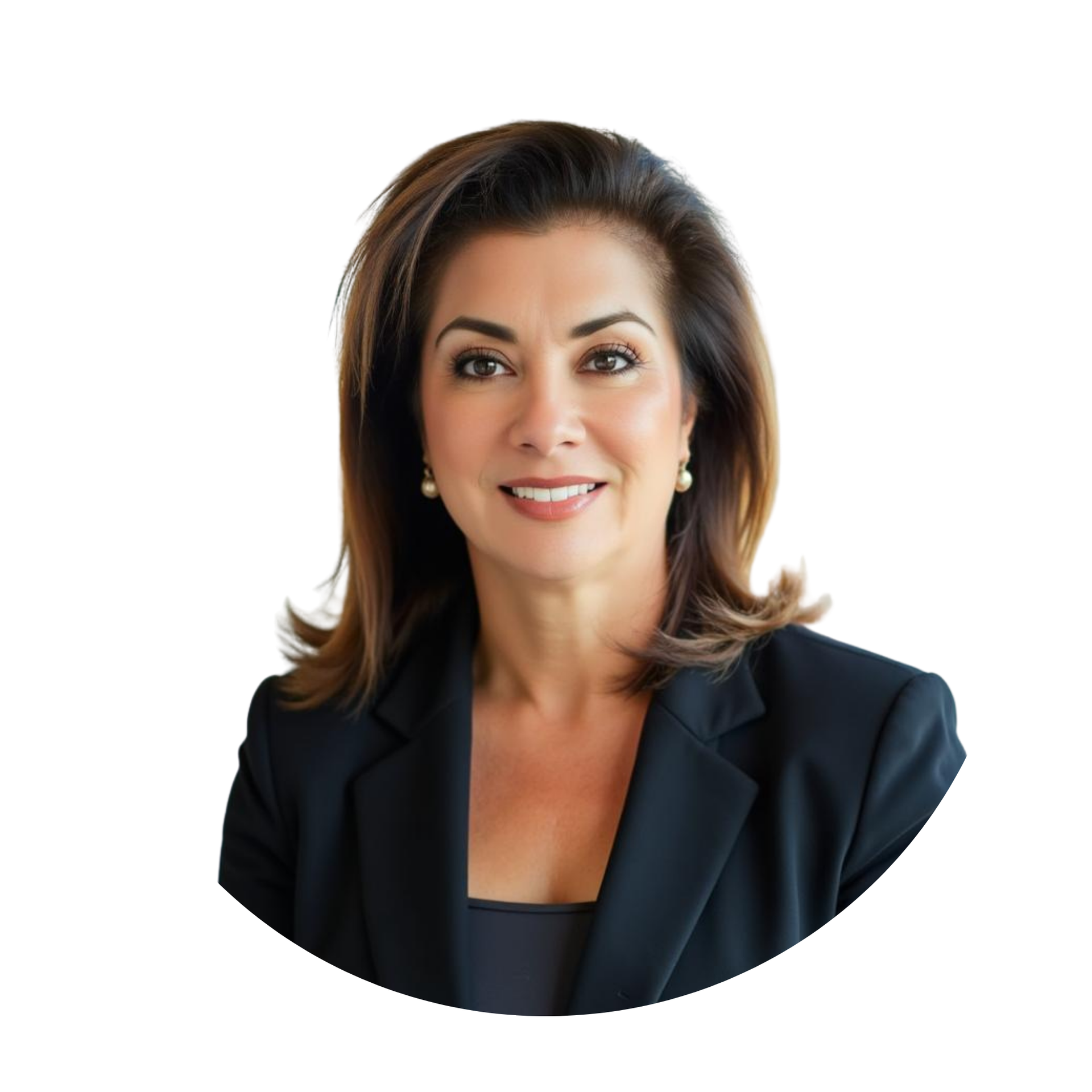 Woman in a black blazer, smiling, in a headshot against a white background.