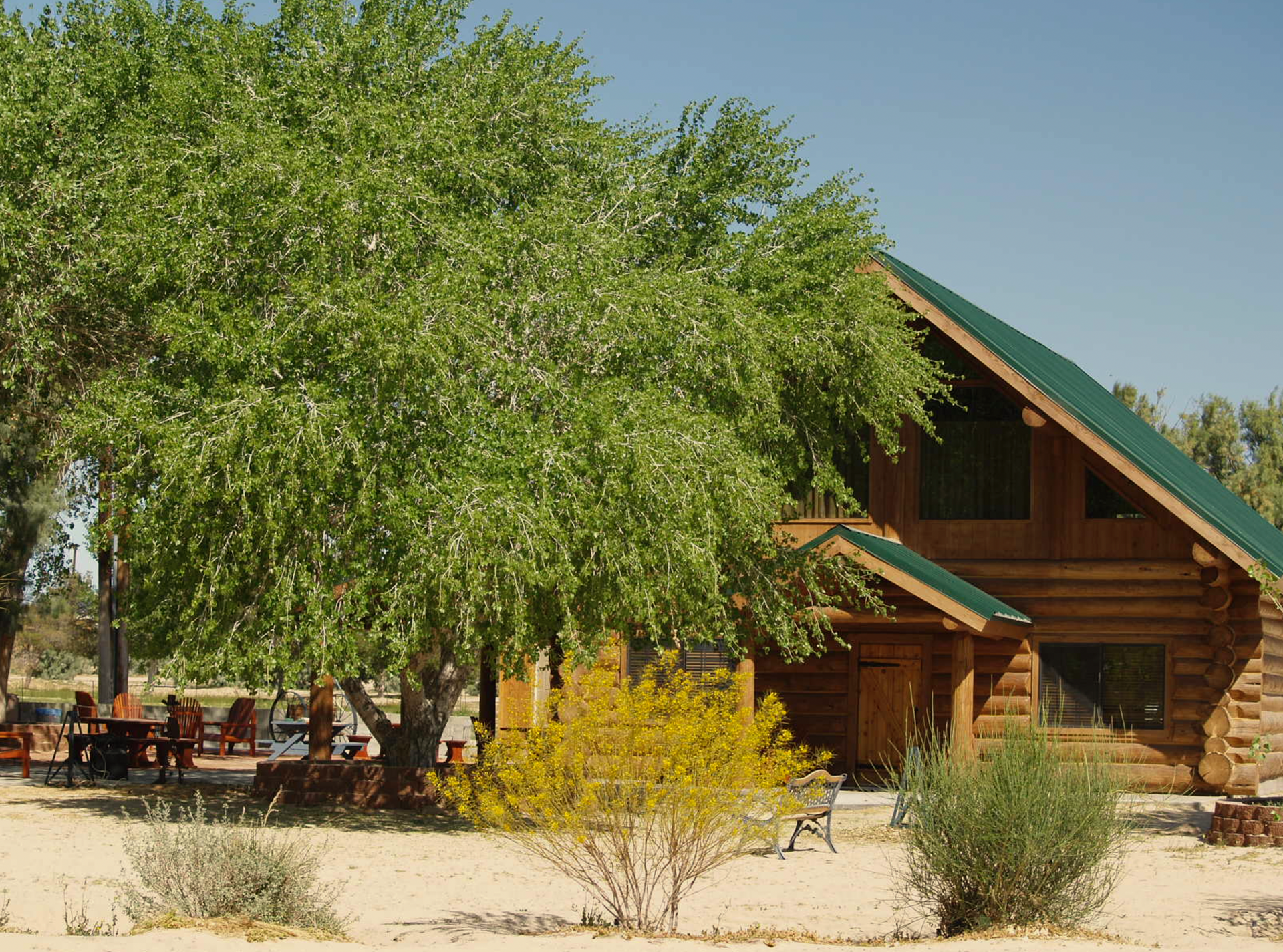 A log cabin with a green roof and trees in front of it