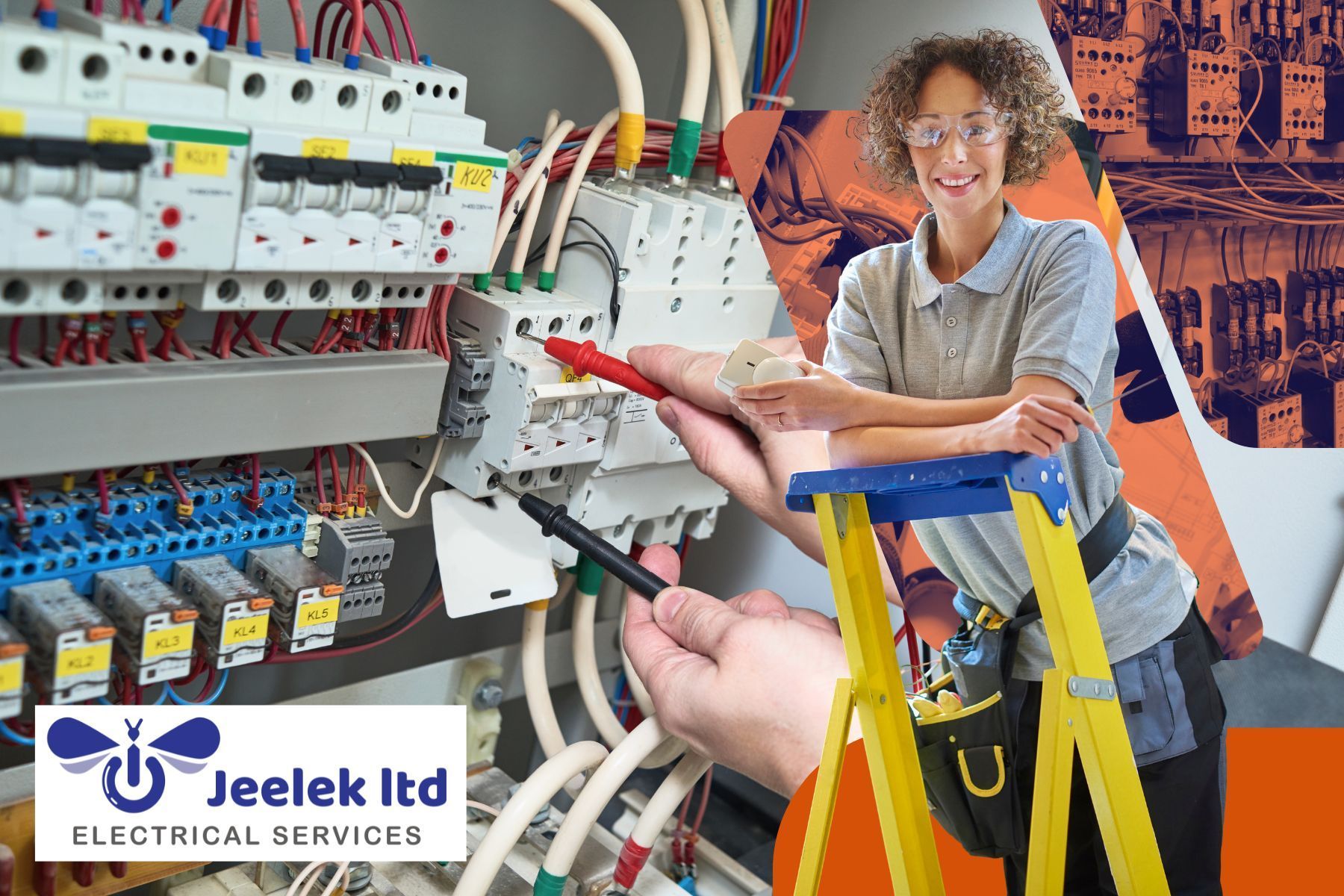 Electrician checking electrical panel. Woman on ladder, smiling. Logo: Jeelek Ltd Electrical Services.