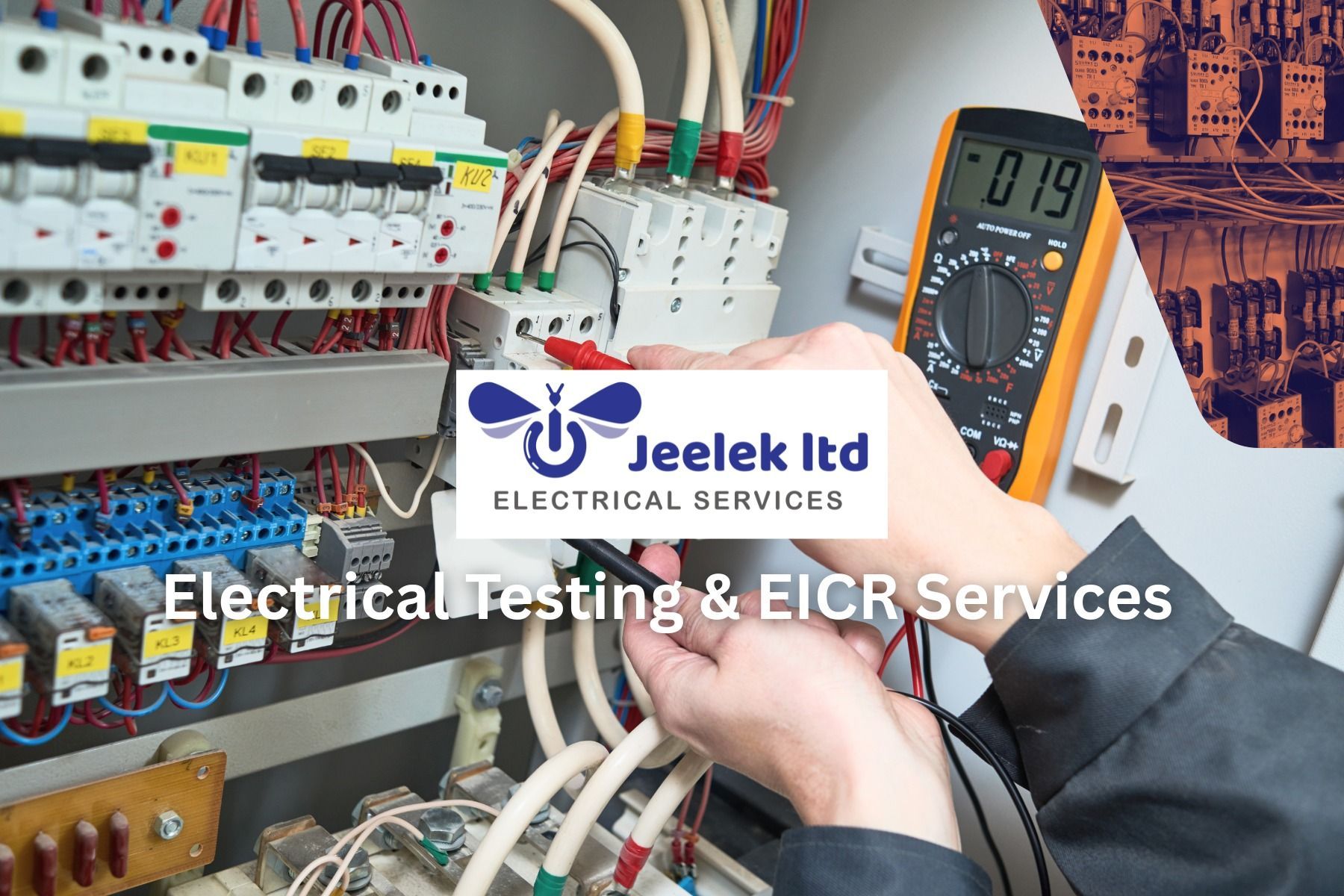 Electrical panel being tested by a technician with a multimeter. Logo for