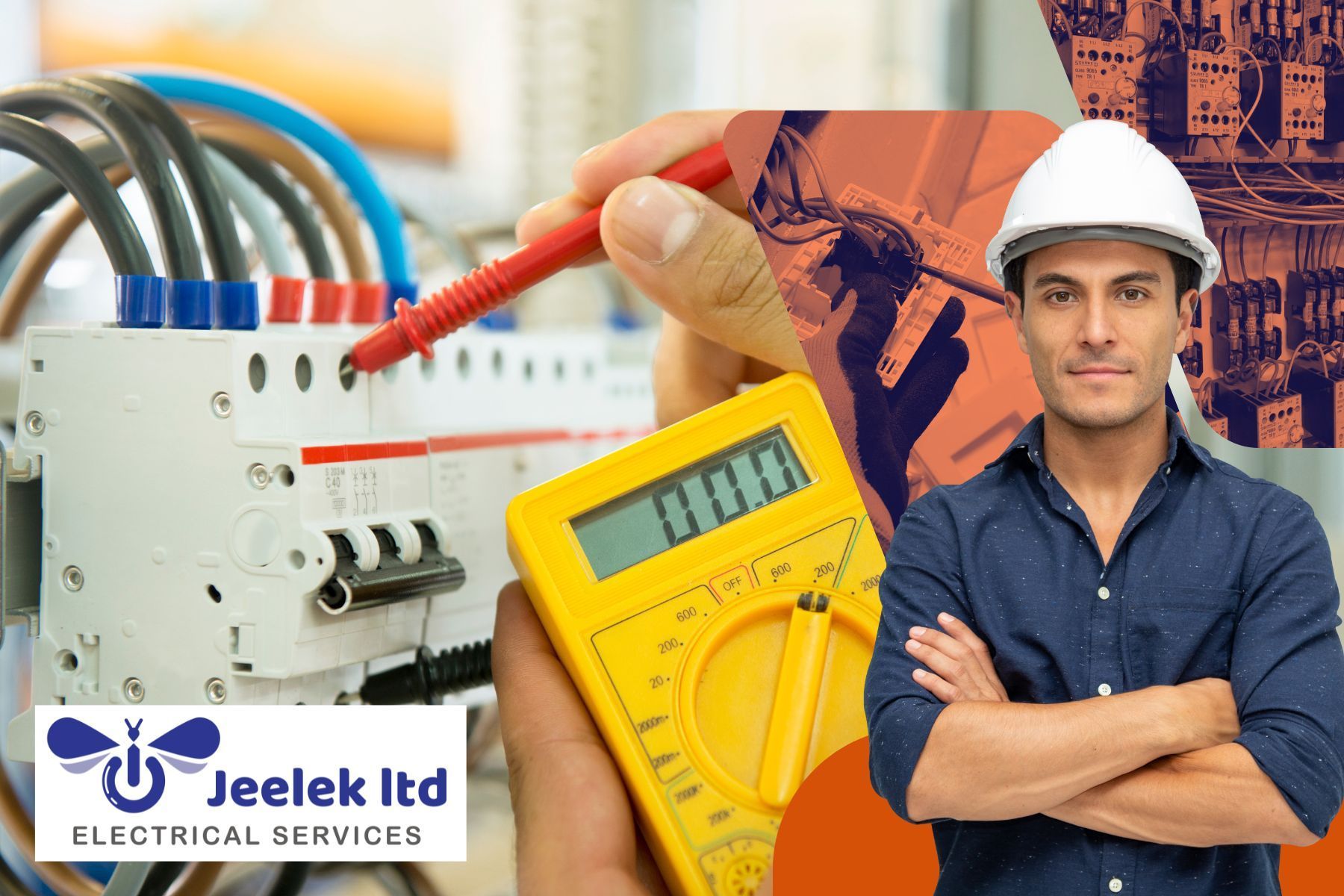 Electrician testing wiring with a multimeter, next to a man in a hard hat, with electrical panel in the background.
